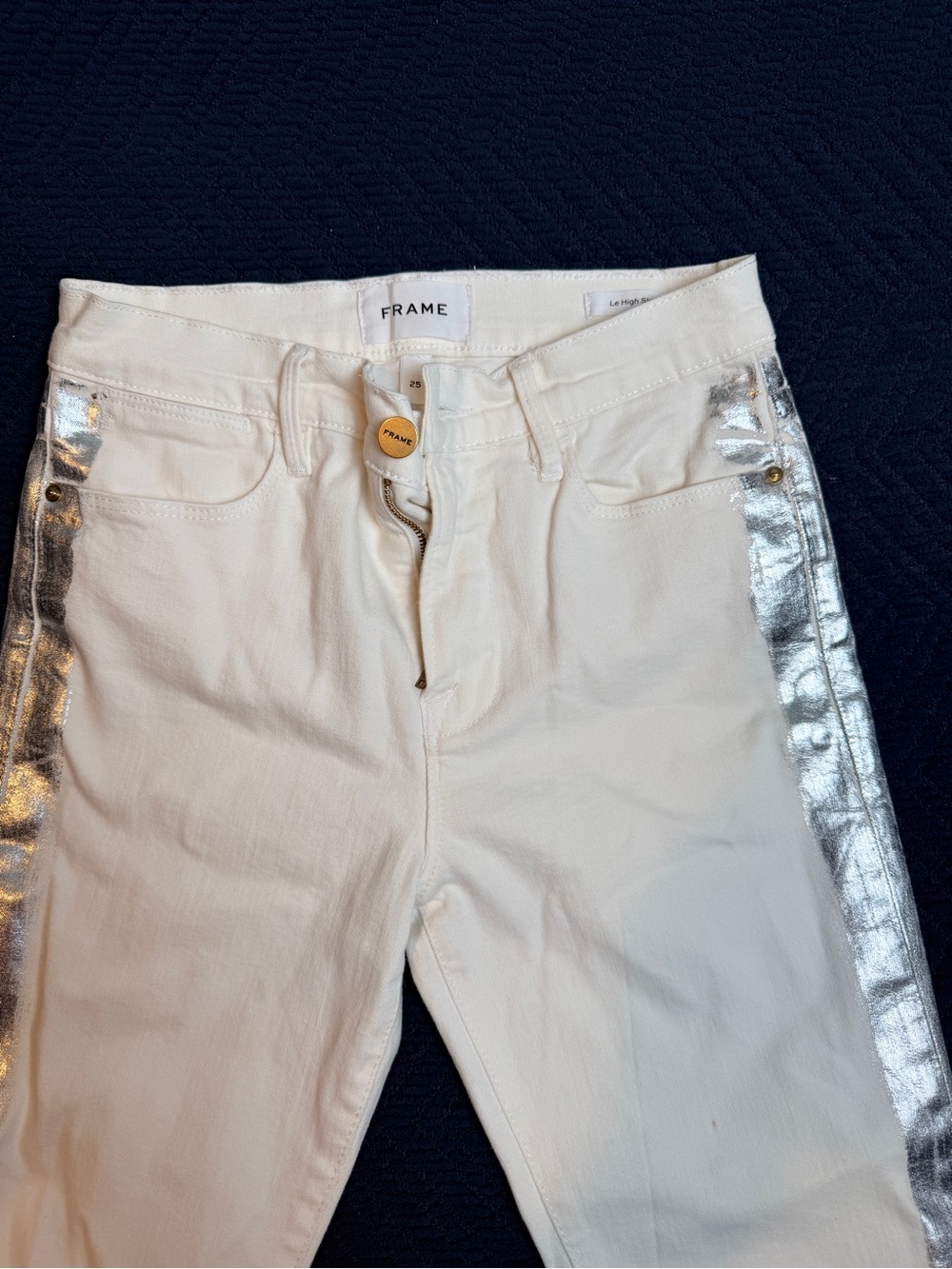 Frame Denim White High-Rise Jeans with Metallic Silver Side Panels